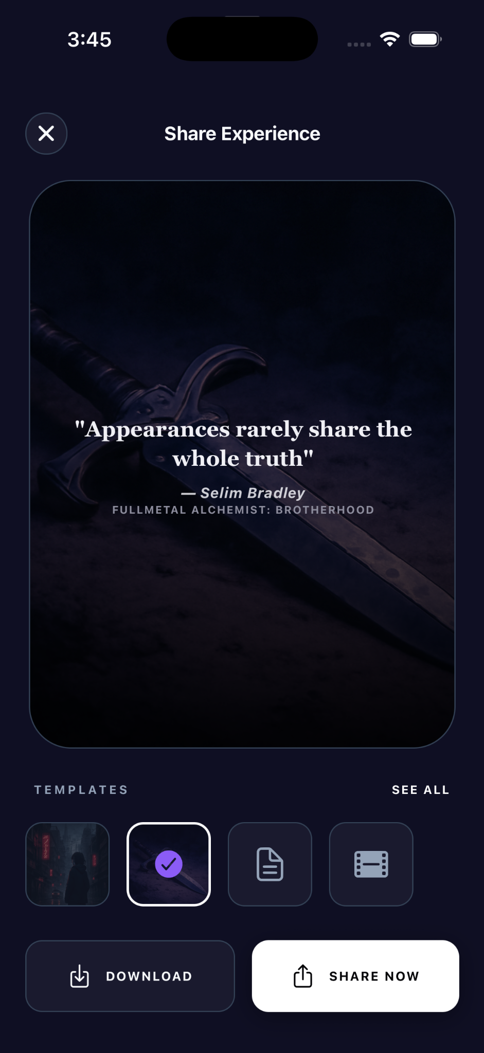 Anispire quote sharing screen with styled card export